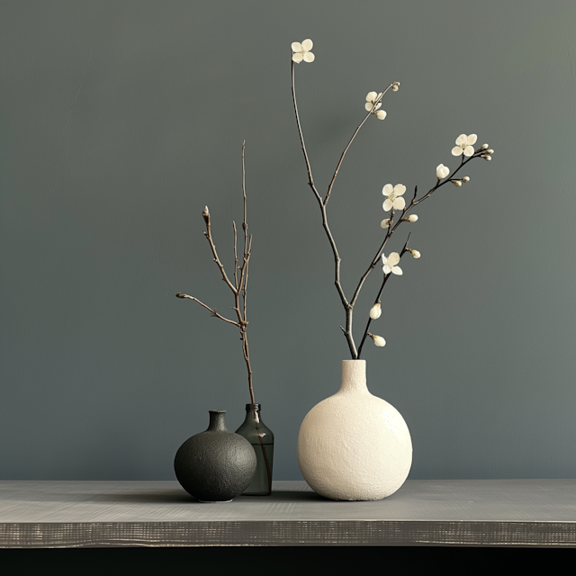 Serene Still Life with Textured Vases and Delicate Flowers