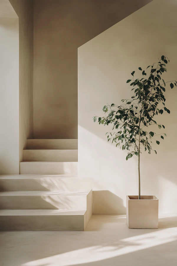 Minimalist Interior with Staircase and Plant