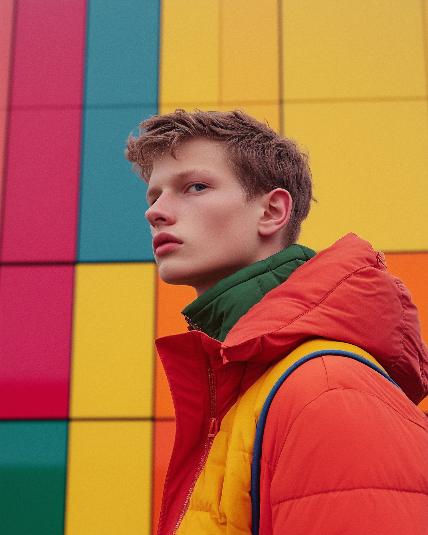 Contemplative Youth in Vibrant Jacket