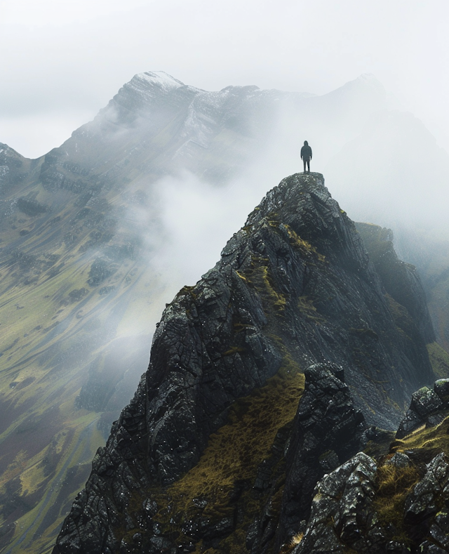 Solitary Figure on Mountain Ridge