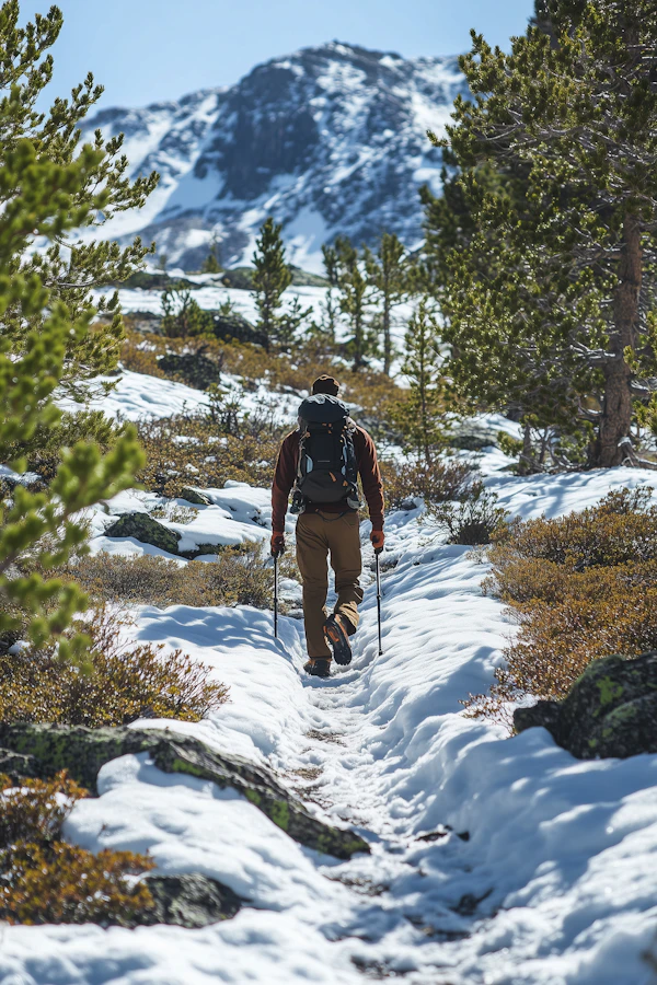 Lone Hiker in Snowy Mountains