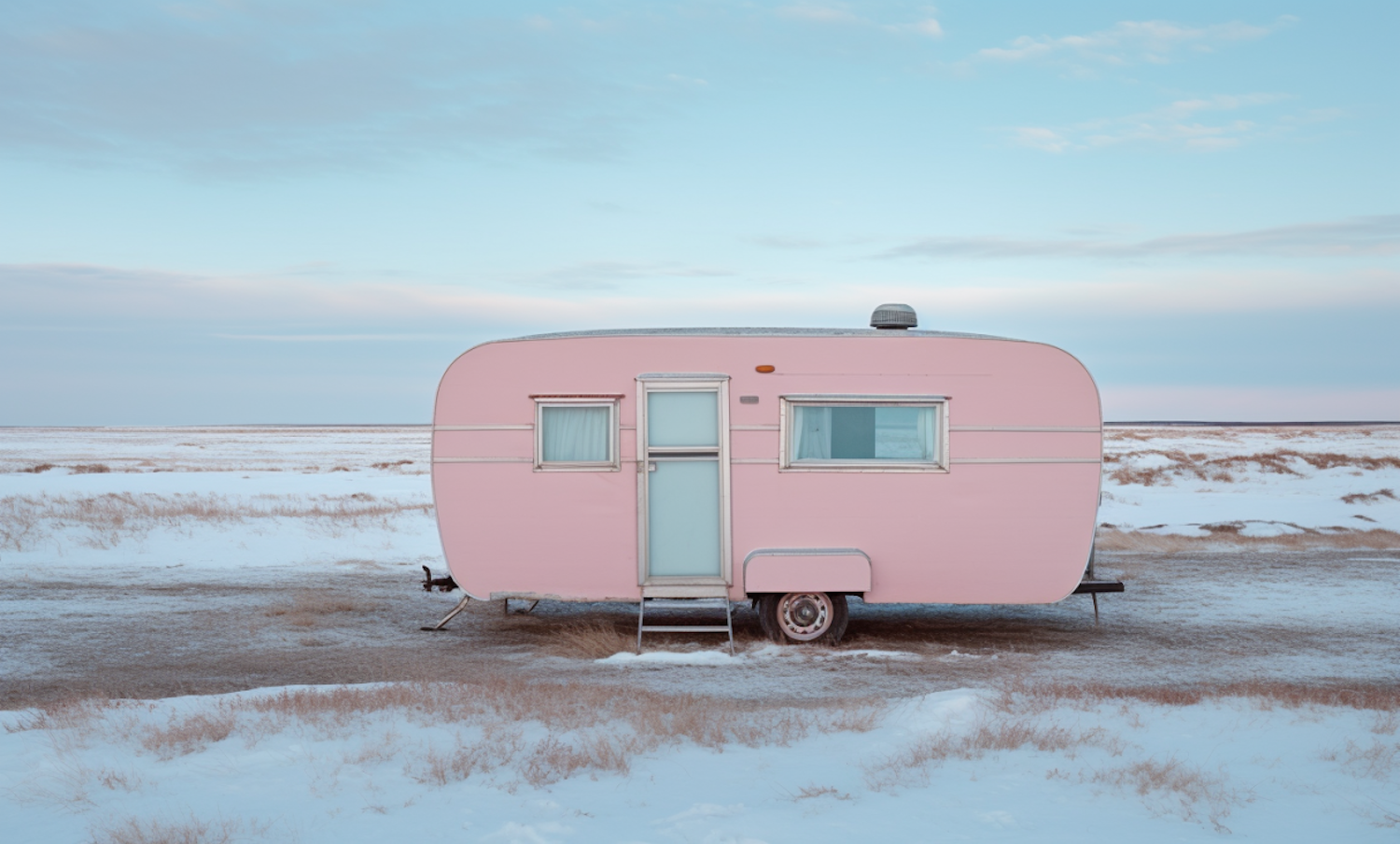 Solitary Vintage Pink Trailer in Snowy Serenity