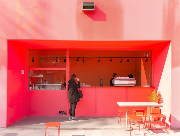 Modern Café Storefront in Red and Pink