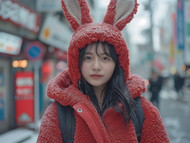 Serene Woman in Red Winter Hood