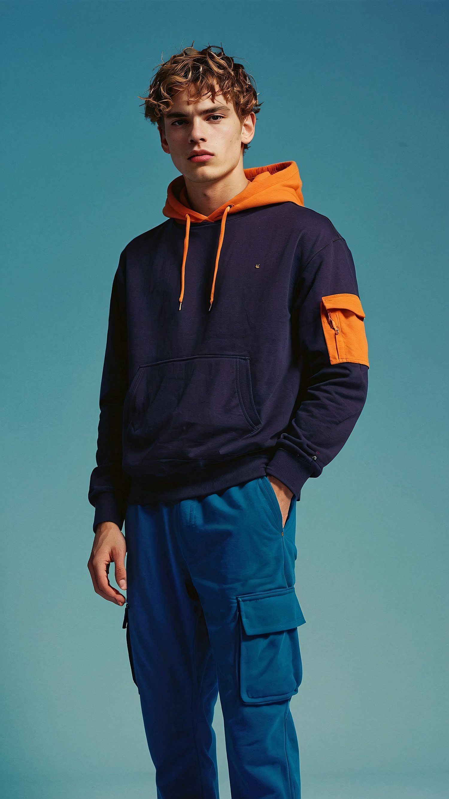 Young Man in Navy and Orange Hoodie