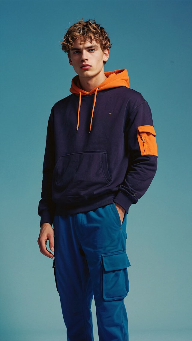 Young Man in Navy and Orange Hoodie