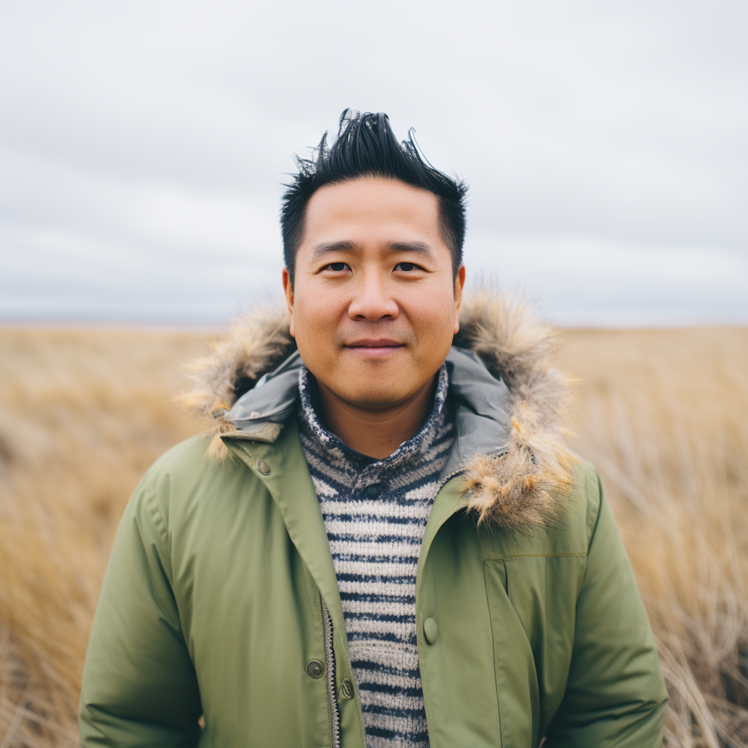 Serene Field Portrait of East Asian Man in Winter Attire