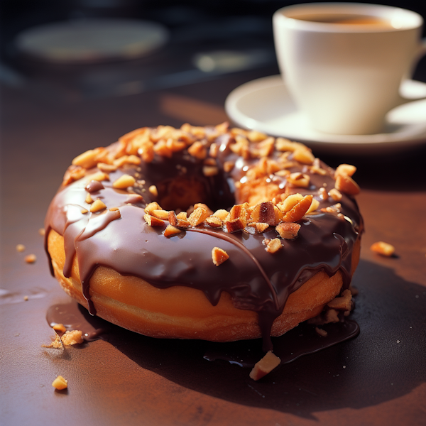 Chocolate Glazed Nut-Topped Doughnut with Coffee