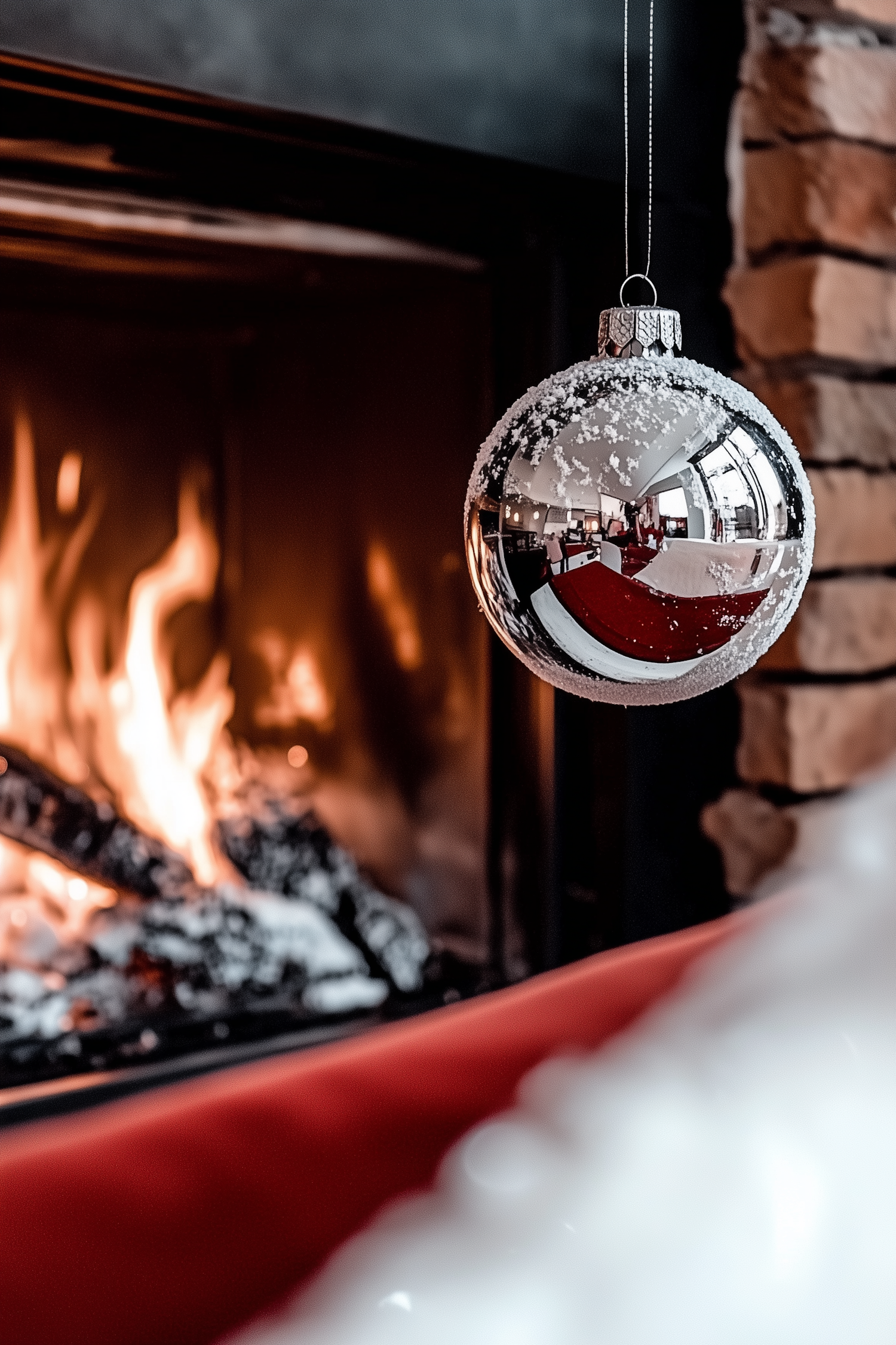 Silver Christmas Ornament with Fireplace Reflection