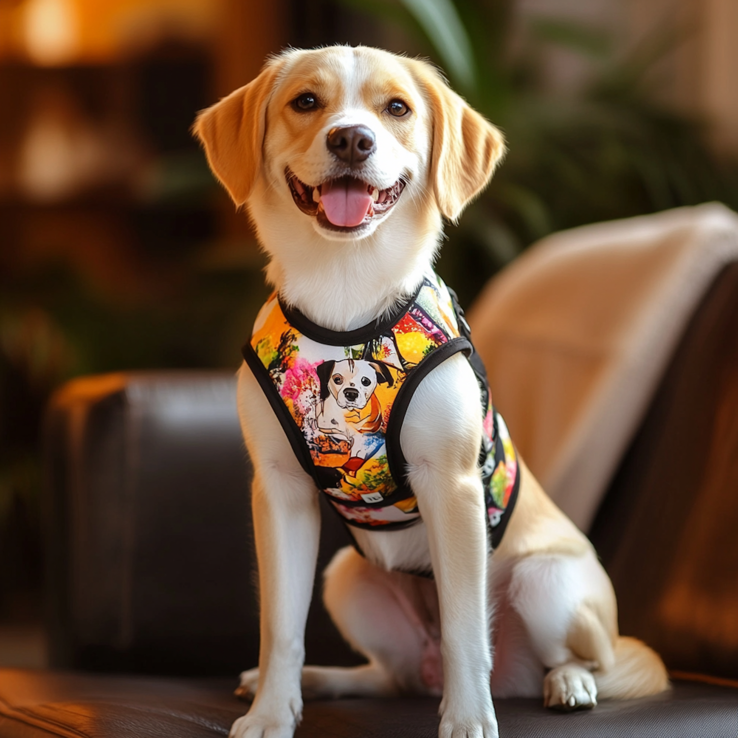 Dog on Couch with Colorful Harness