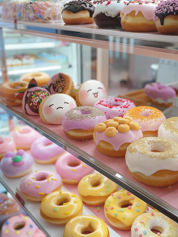 Artistically Decorated Doughnuts in Glass Case