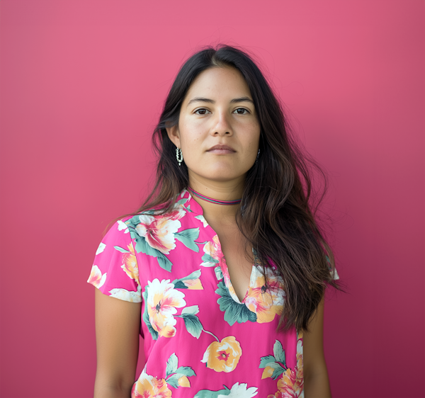 Woman in Floral Blouse Against Pink Background