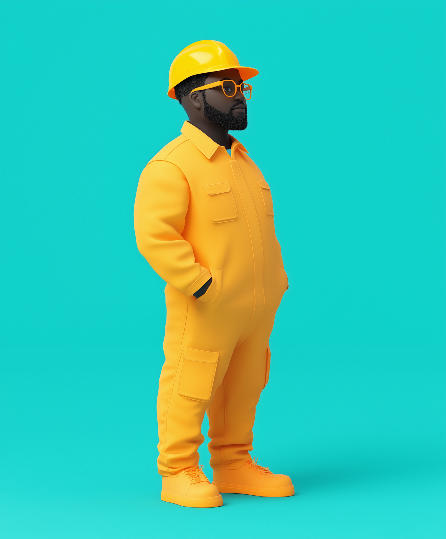 Worker in Vibrant Yellow Safety Gear Against Turquoise Background