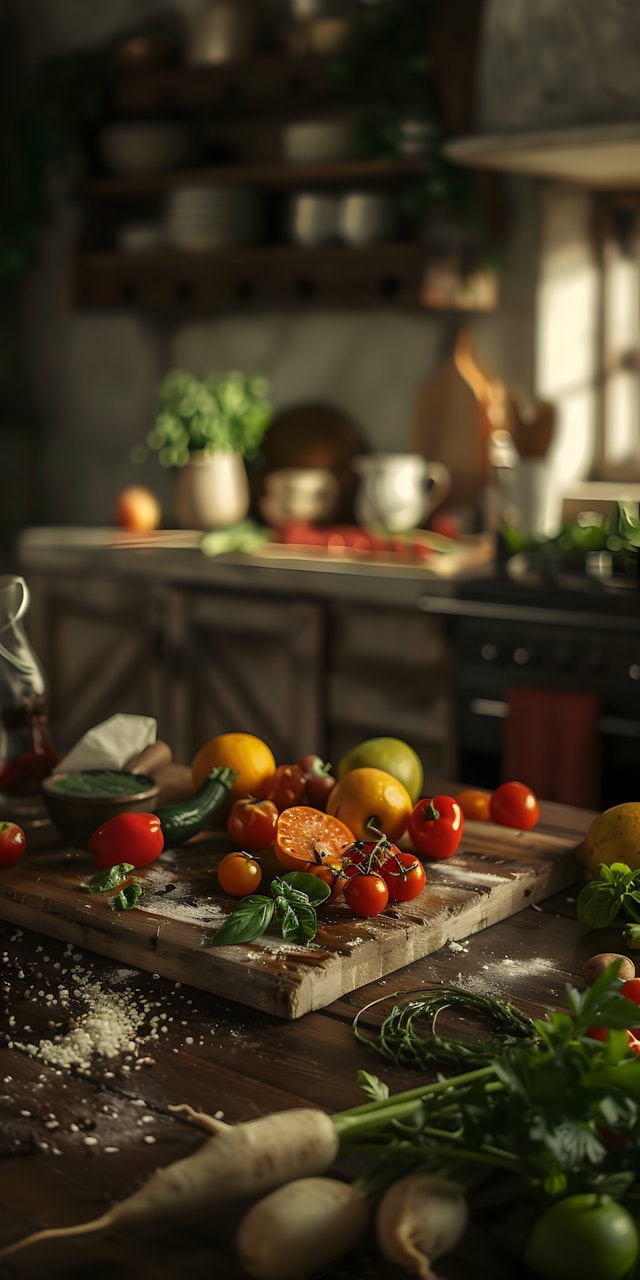 Rustic Kitchen Scene with Fresh Vegetables