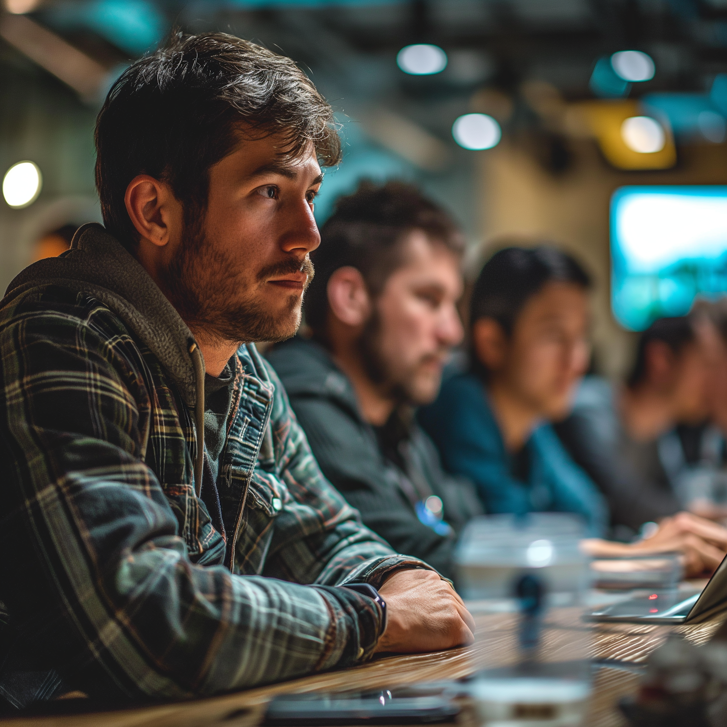 Contemplative Young Man with Casual Attire in a Social Setting