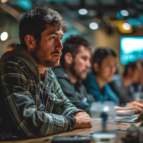 Contemplative Young Man with Casual Attire in a Social Setting