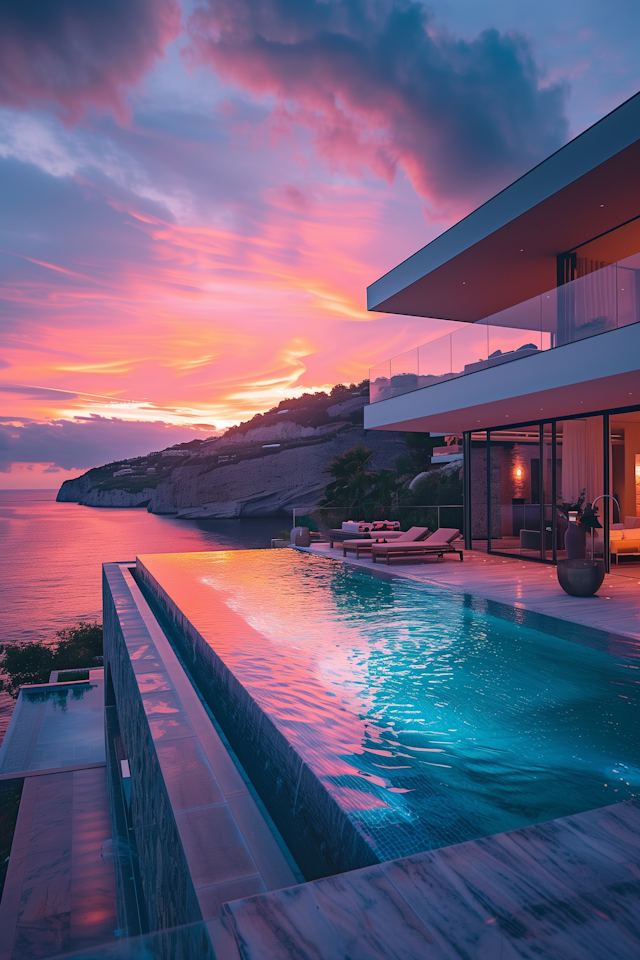 Modern Luxury House at Sunset with Infinity Pool