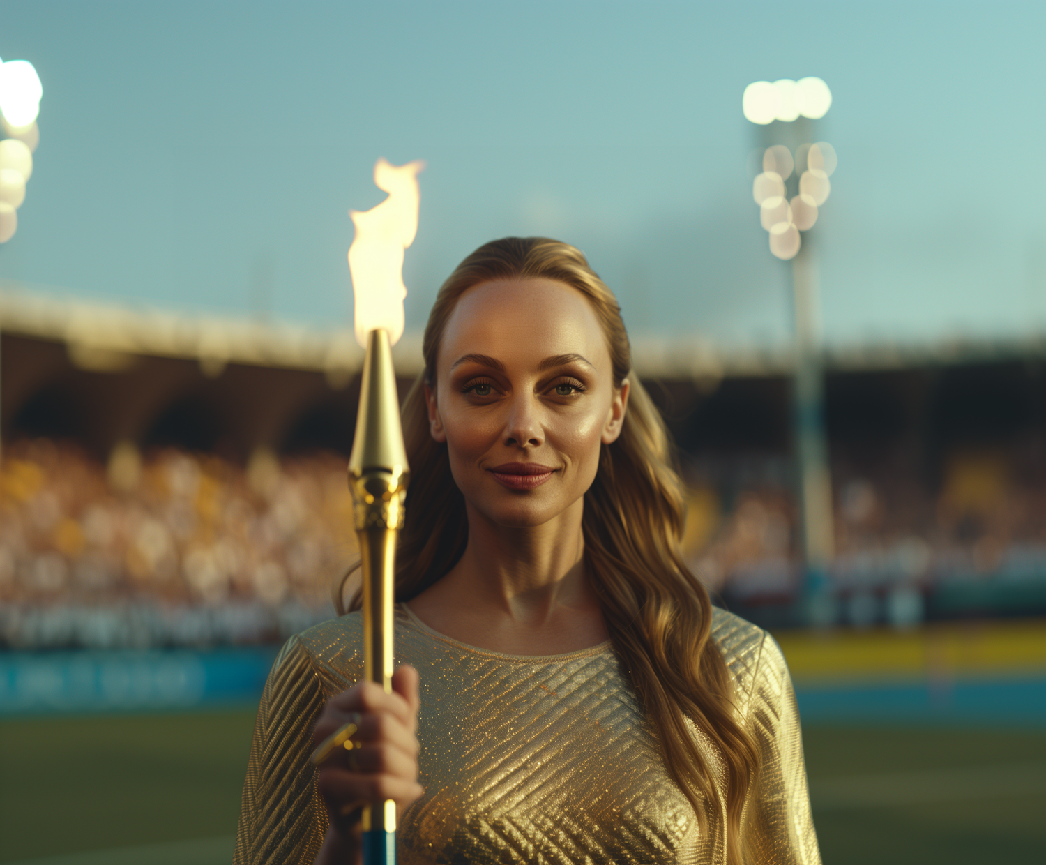 Woman Holding Torch at Outdoor Stadium Event