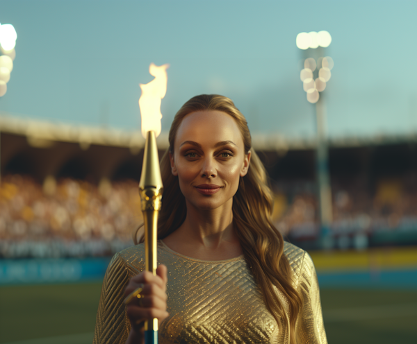 Woman Holding Torch at Outdoor Stadium Event
