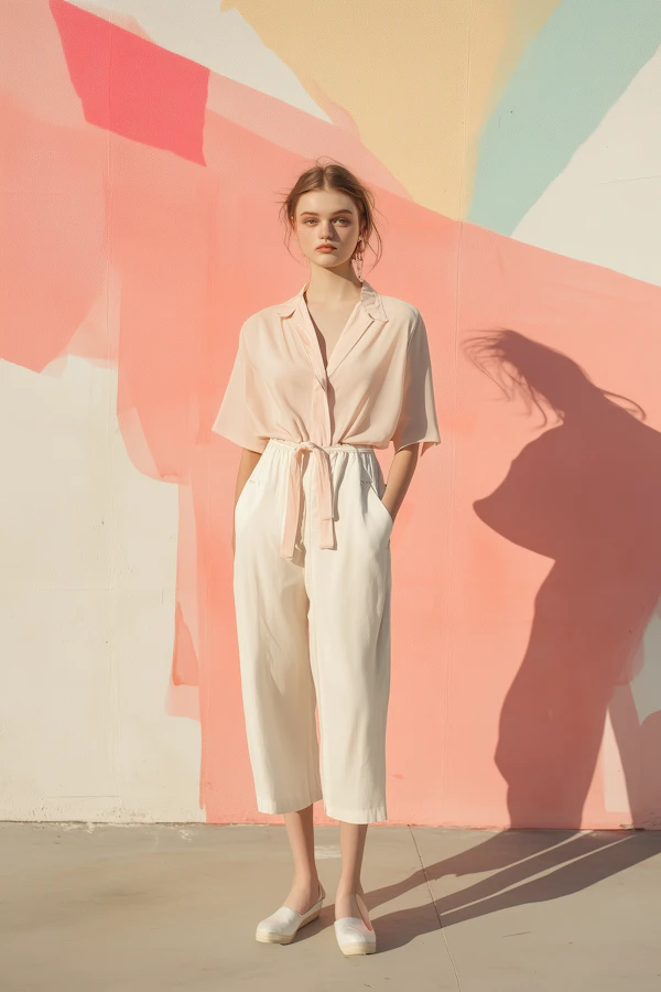 Serene Woman Against Abstract Pastel Background