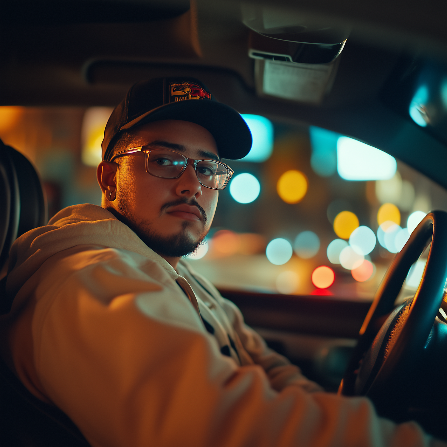 Young Man in Car at Night