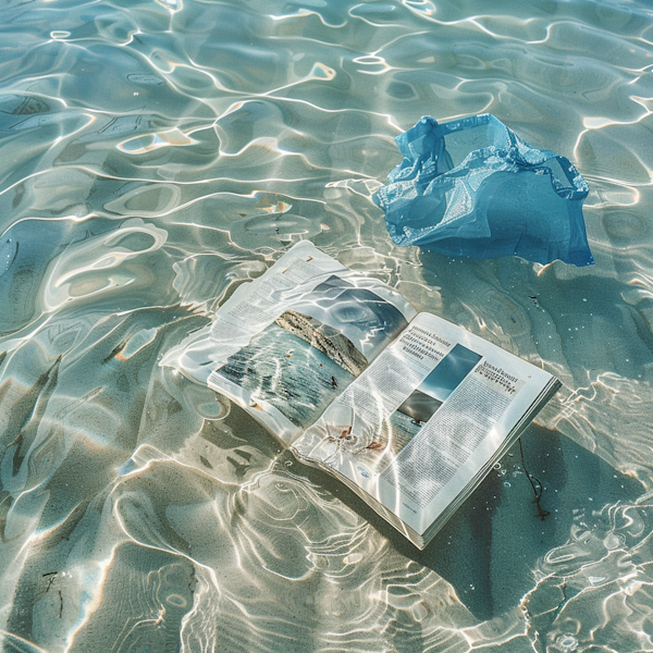 Magazine and Plastic Bag Submerged in Water