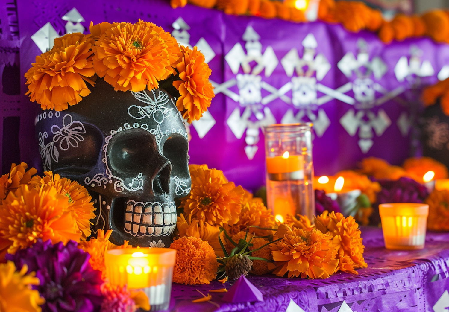 Dia de Los Muertos Decorative Skull with Marigolds