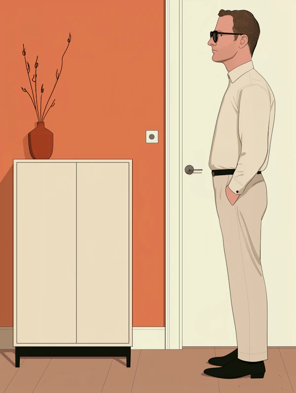 Man in Beige Outfit by Orange Wall