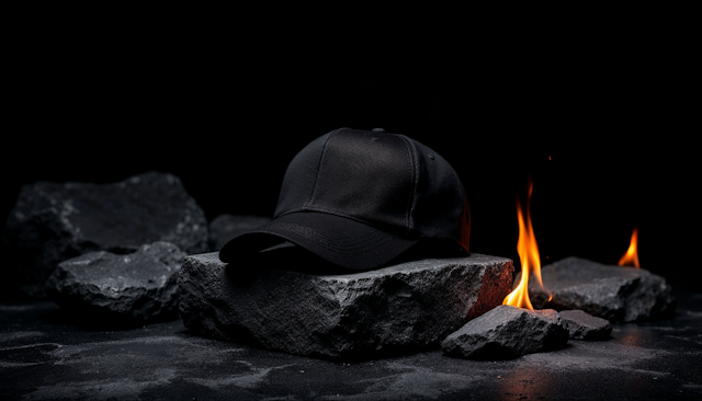 Black Baseball Cap on Rocks with Flames