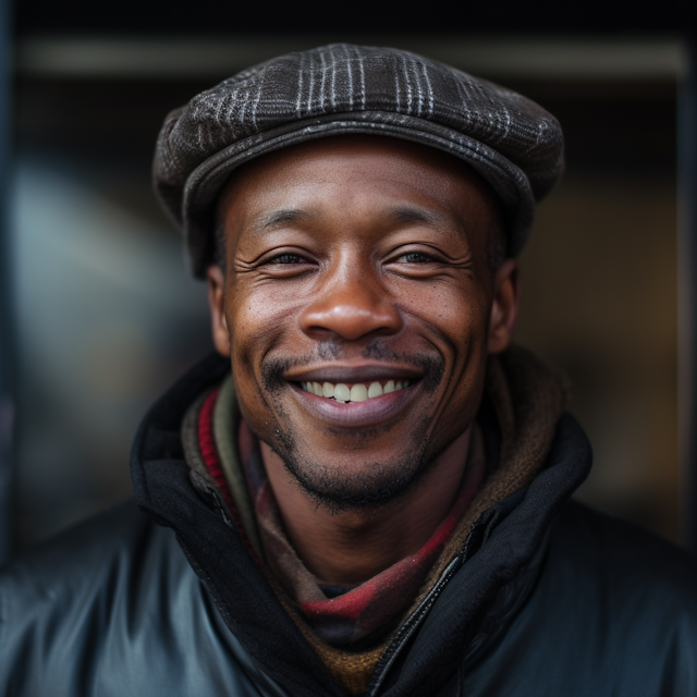 Smiling Man with Plaid Cap and Warm Presence