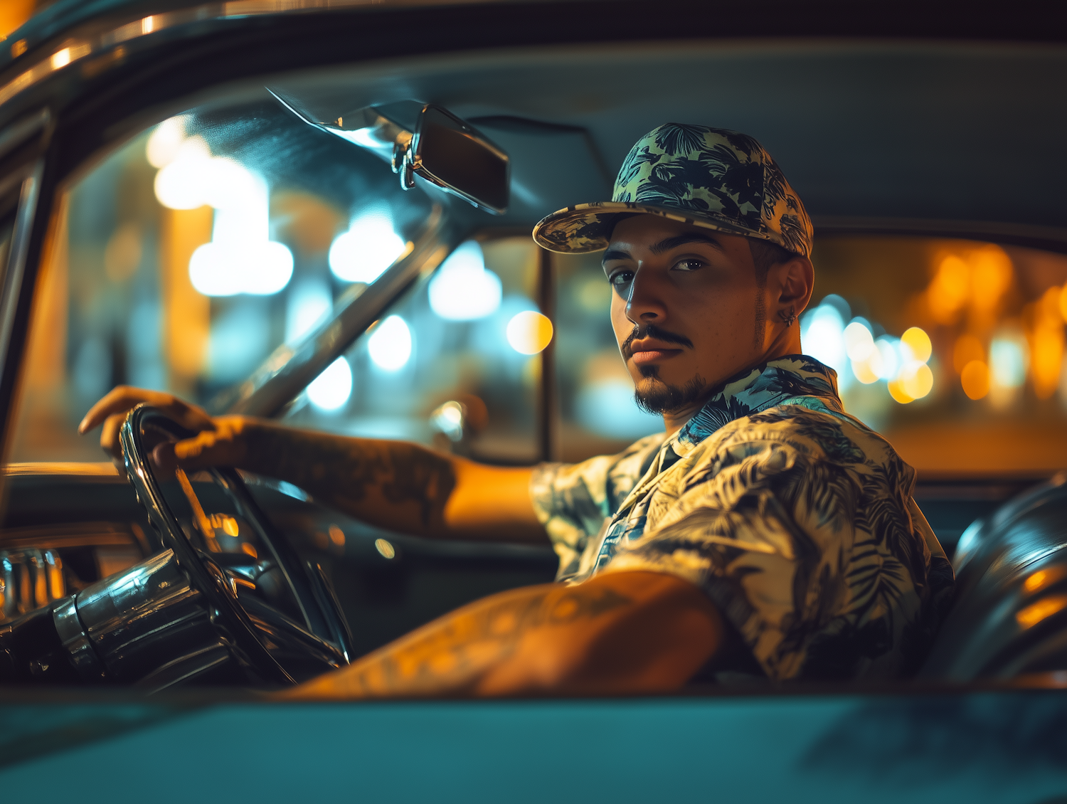 Young Man in Car at Night