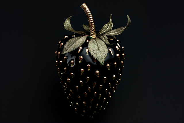 Glossy Black Strawberry with Gold Accents