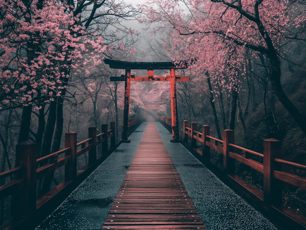 Serene Cherry Blossom Scene with Red Torii Gate