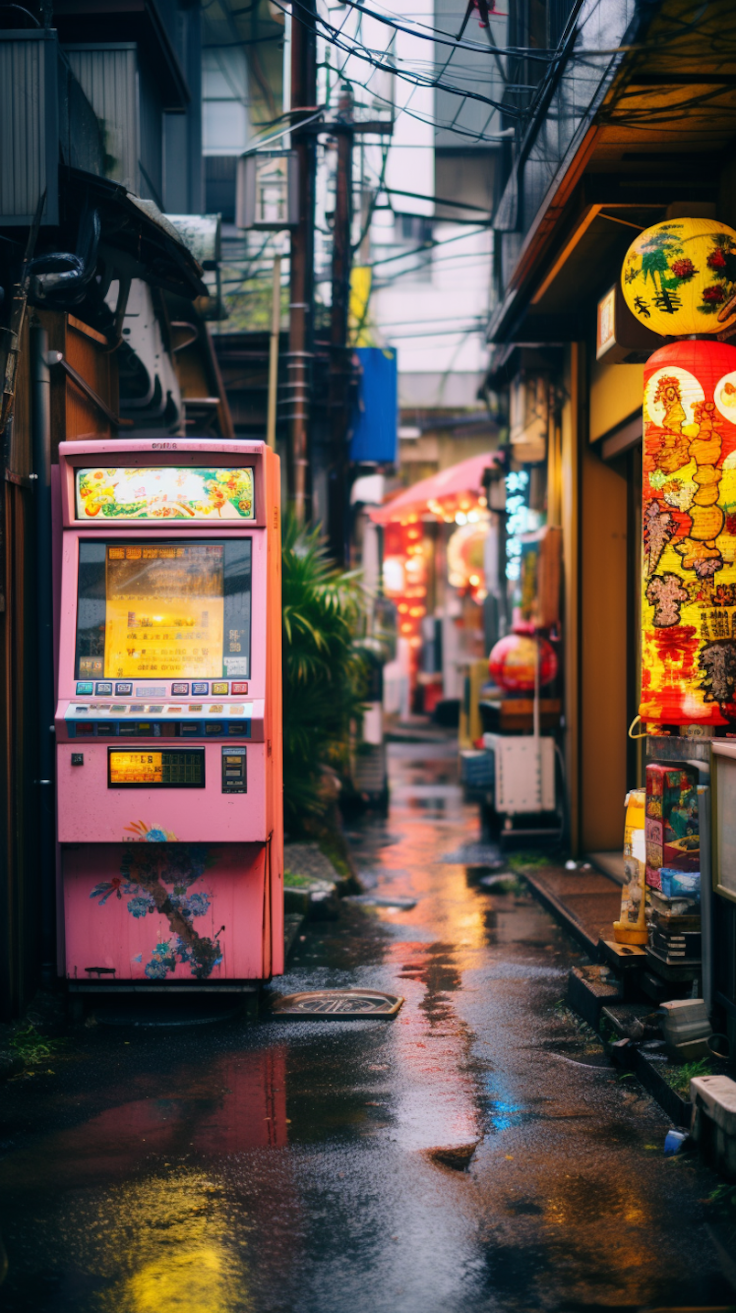 Rain-kissed Japanese Streetscape with Pink Vending Machine