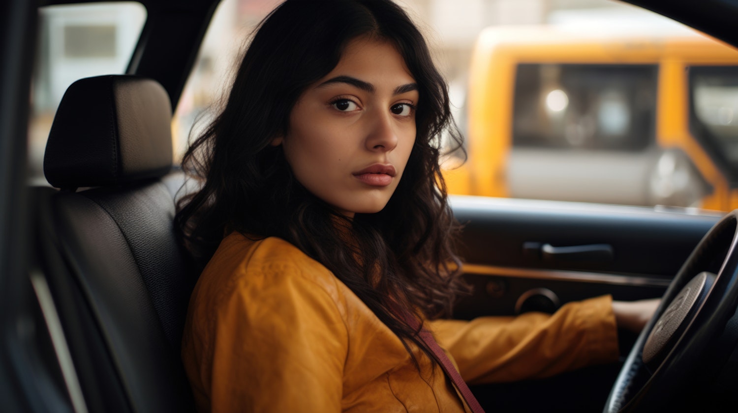 Contemplative Woman in Car