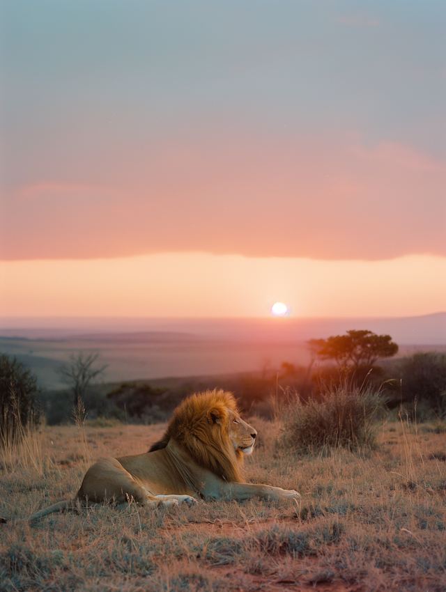 Serene Savannah Sunrise with Majestic Lion