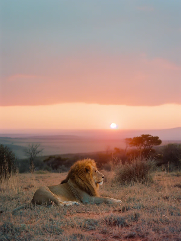 Serene Savannah Sunrise with Majestic Lion