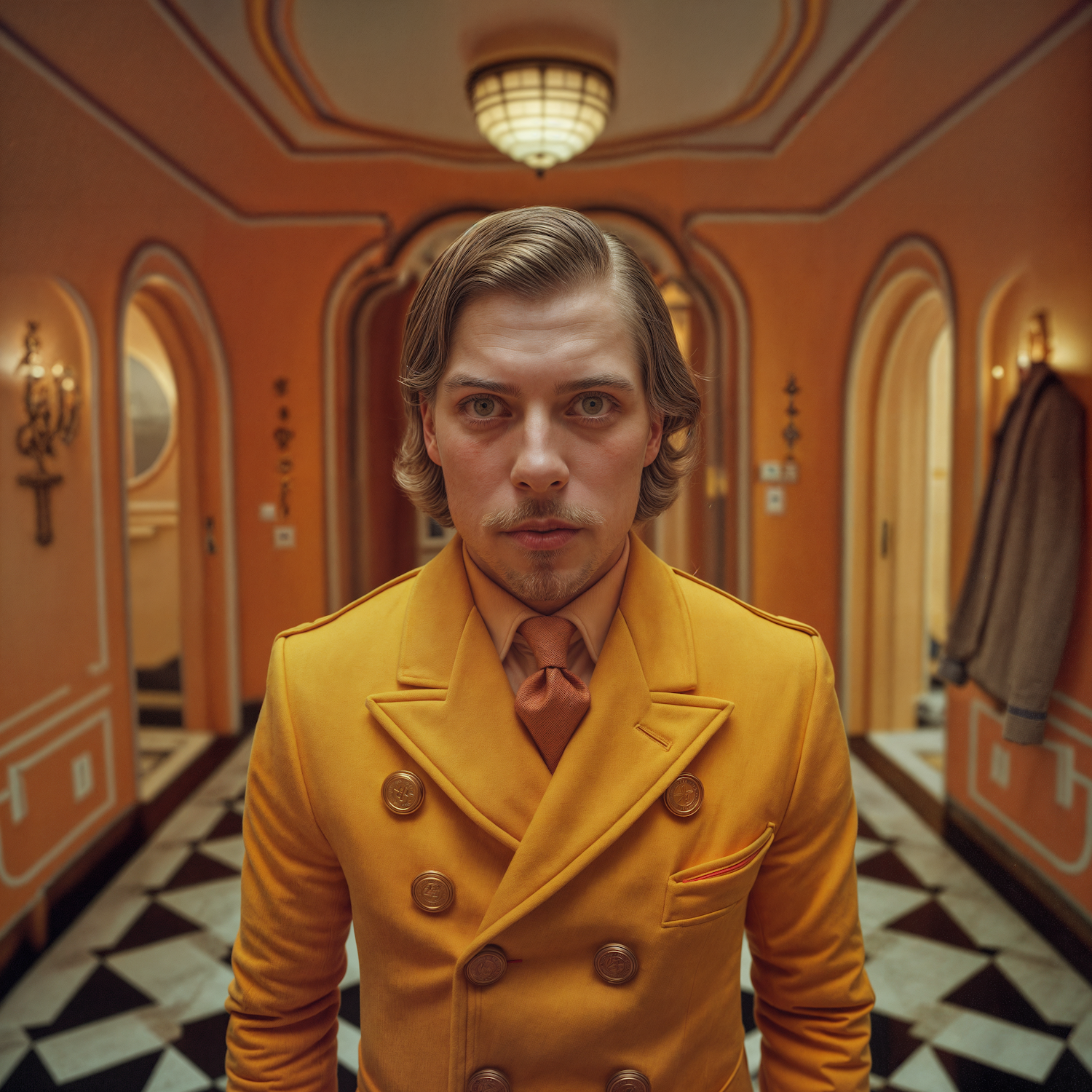 Man in Mustard-Yellow Suit in Ornate Corridor