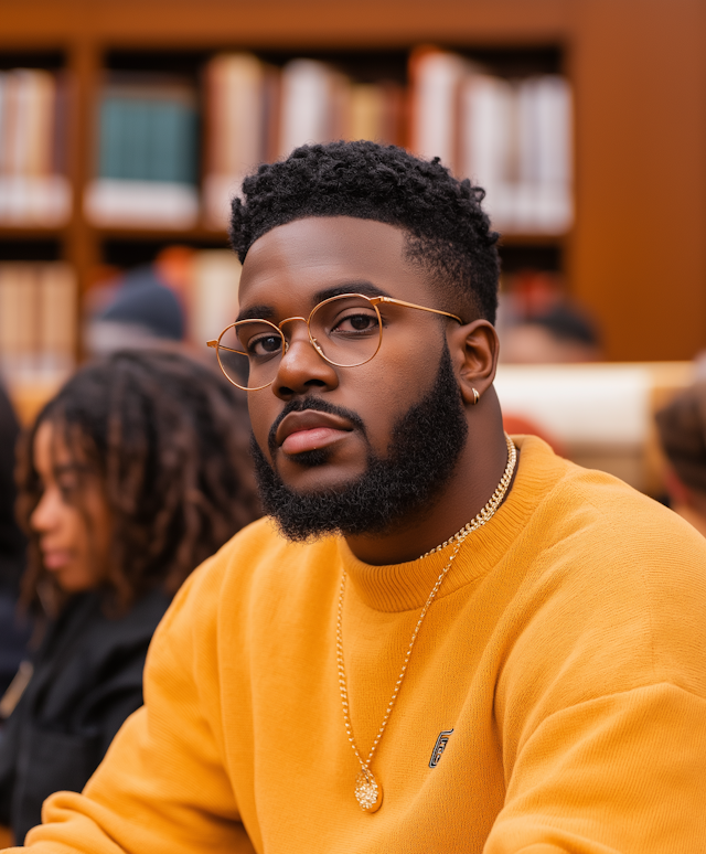 Man in Library with Mustard Sweater