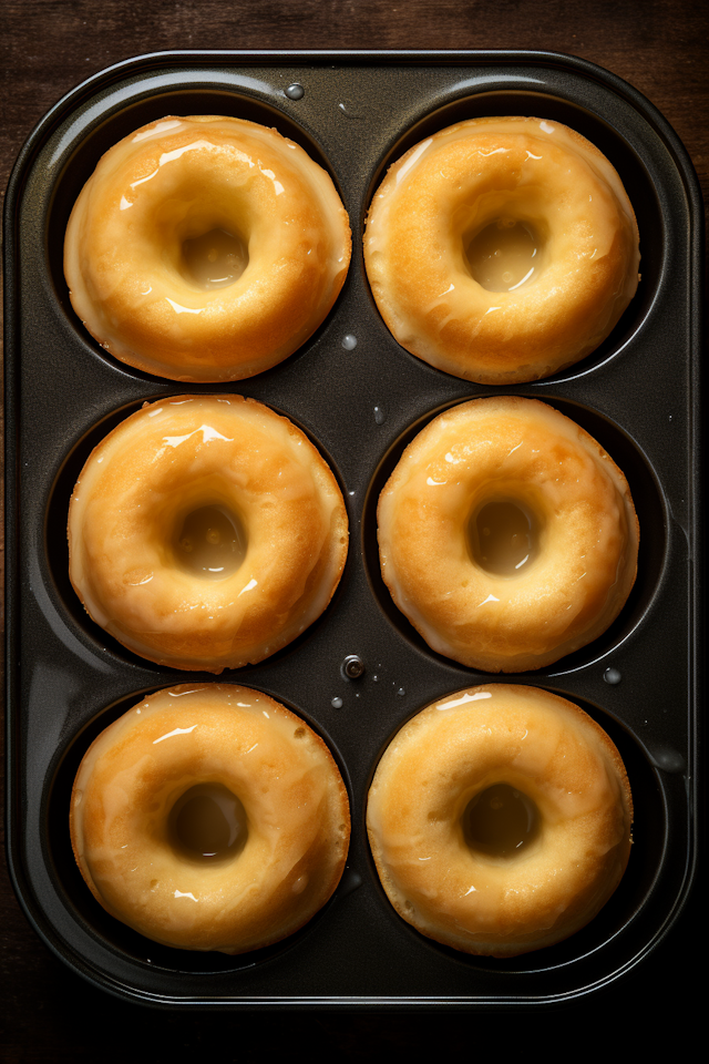 Freshly Glazed Golden Donuts on Black Tray