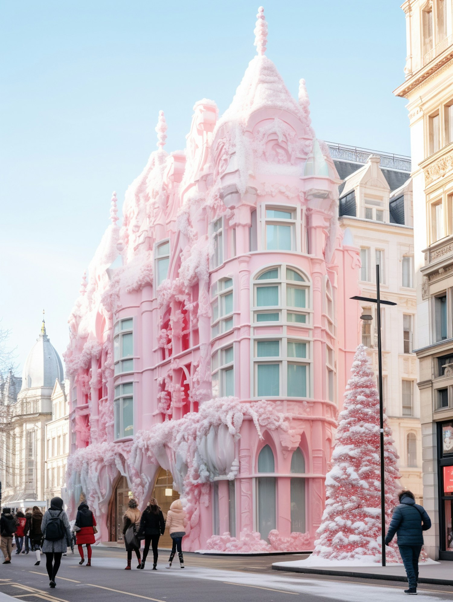 Whimsical Pink Building with Christmas Tree