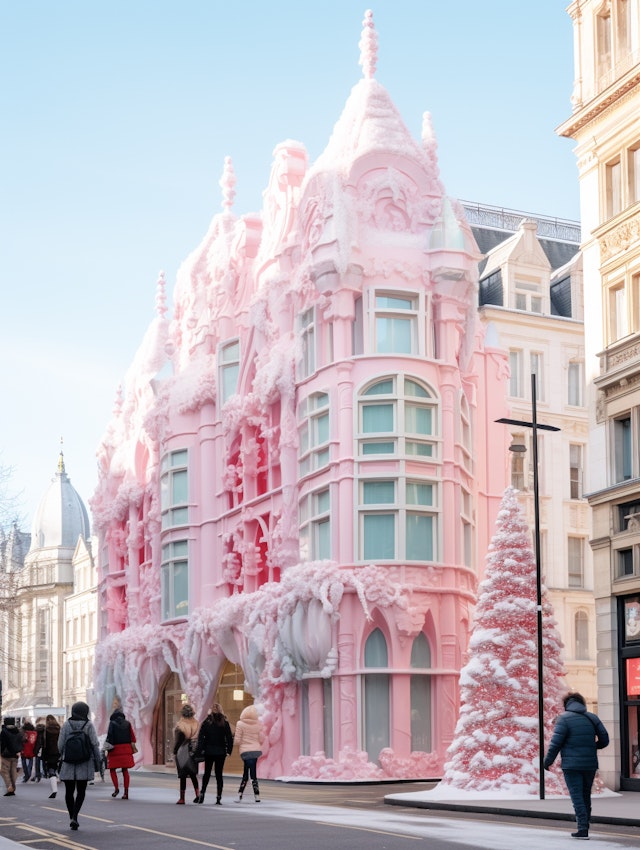 Whimsical Pink Building with Christmas Tree