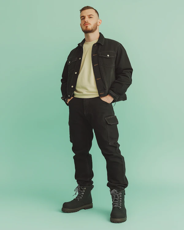 Man in Black Denim Against Mint Green Background