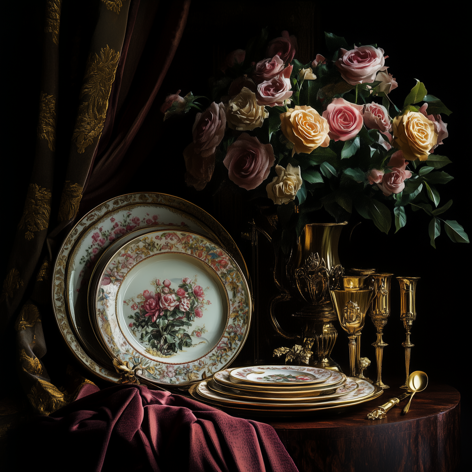 Elegant Still Life with China and Roses