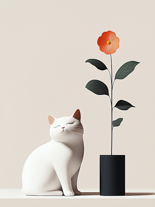 Minimalist White Cat with Orange Flower