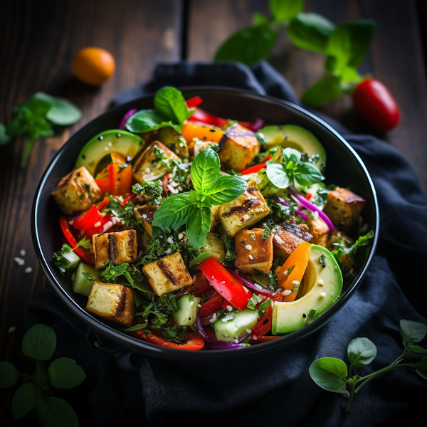 Grilled Tofu and Rainbow Veggie Herb Salad