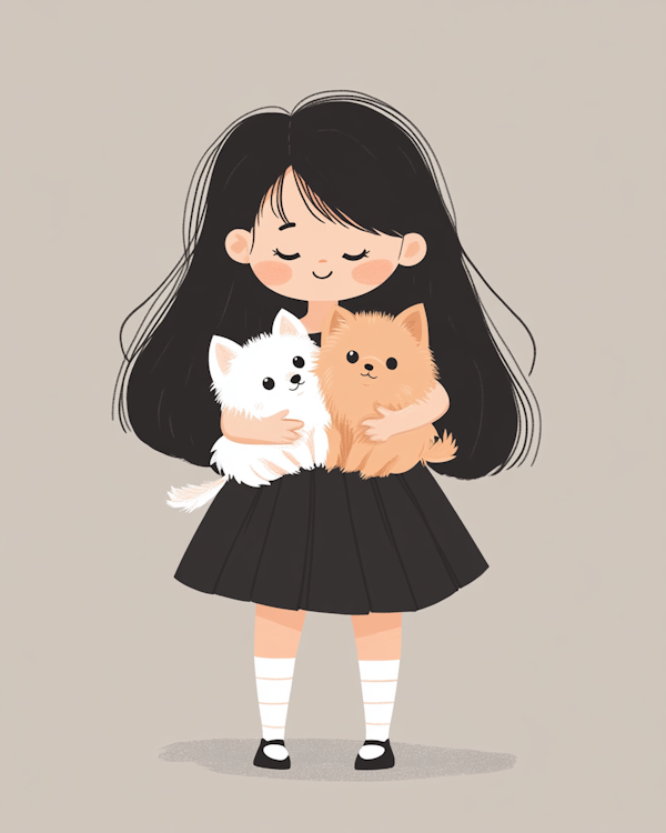 Girl Embracing Two Dogs Illustration