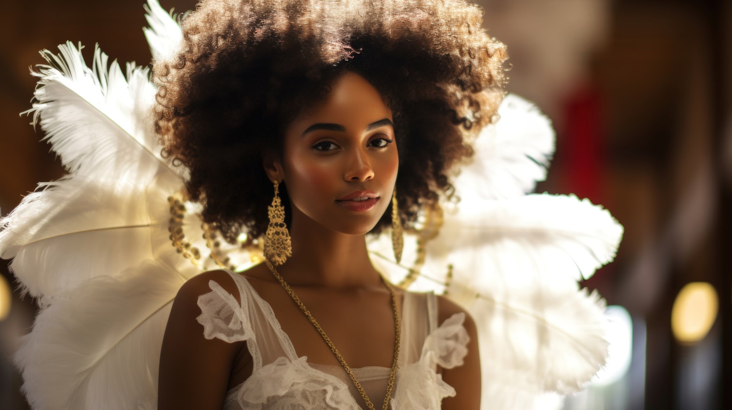 Ethereal Woman in White with Golden Jewelry