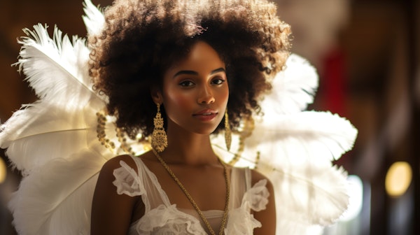 Ethereal Woman in White with Golden Jewelry