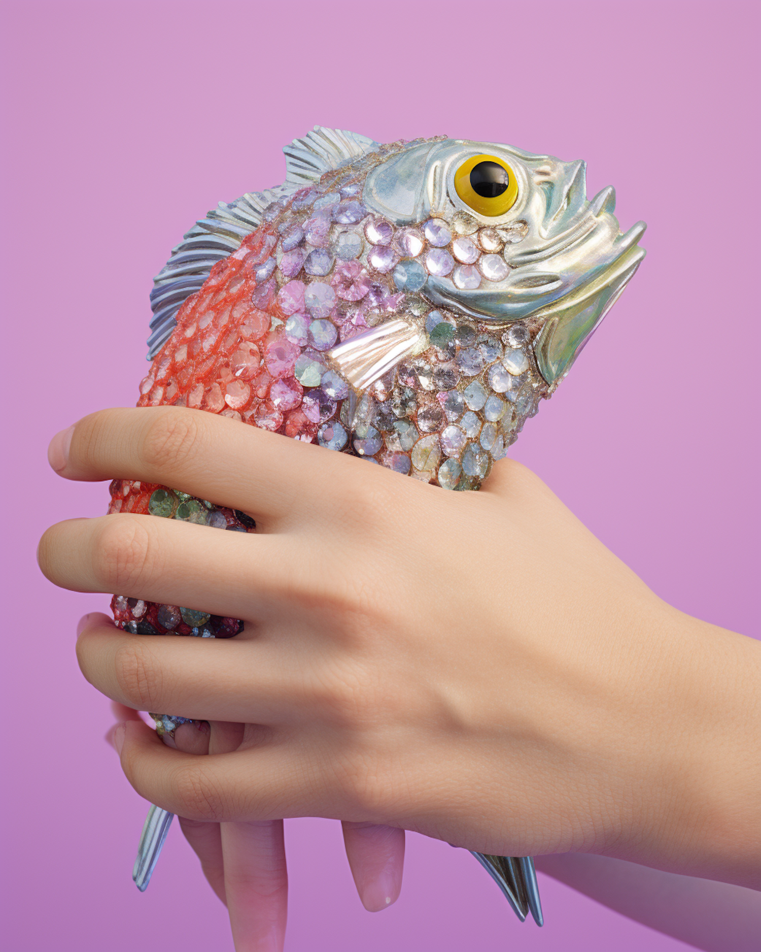 Gemstone Adorned Whimsical Fish Sculpture in Hand